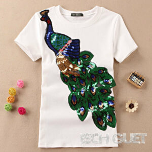 Peacock Paillette Stitchwork Cotton Women's T-Shirt