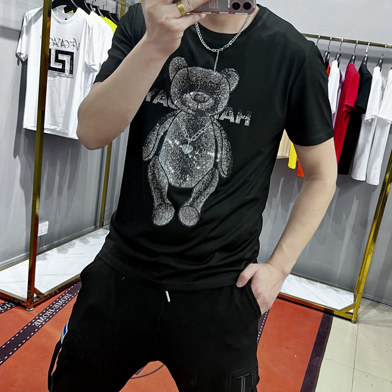 2022 Bear Rhinestones T Shirts Men Summer Streetwear Fashion