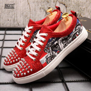 Luxury men's and women's rivets low-top red bottom shoes graffiti low-top  casual party flat