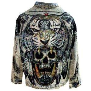 Glitter Embroidered Tiger Skull Men's Denim Coat