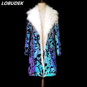 Glitter Men's Punk Style Shining Blue Sequined Overcoat