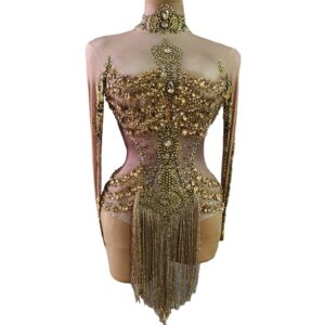 Glitter Sparkly Gold Crystals Fringes Leotard Women's Rhinestones Bodysuit