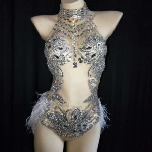 Glitter Sparkly Silver Crystals Mesh Women's Feather Bodysuit