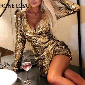 Glitter Women's Elegant Chic Deep V Neck Long Sleeves Sequins Party Dress