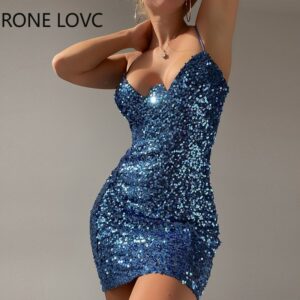 Glitter Women's Elegant Sequins Deep V Neck Party Dress