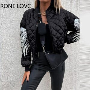 Glitter Women Solid Casual Sequin Wing Decoration Elegant Jacket