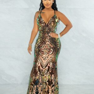 Glitter Glam Women Sequins Women's Long Dress Deep V Neck